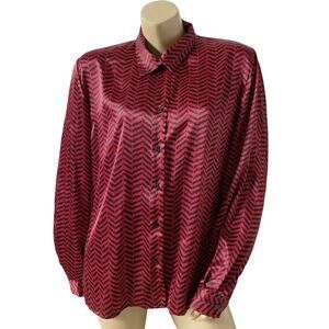 Joan Leslie Womens Size 18 Red Black Button Up Blouse Geometric Office Vintage